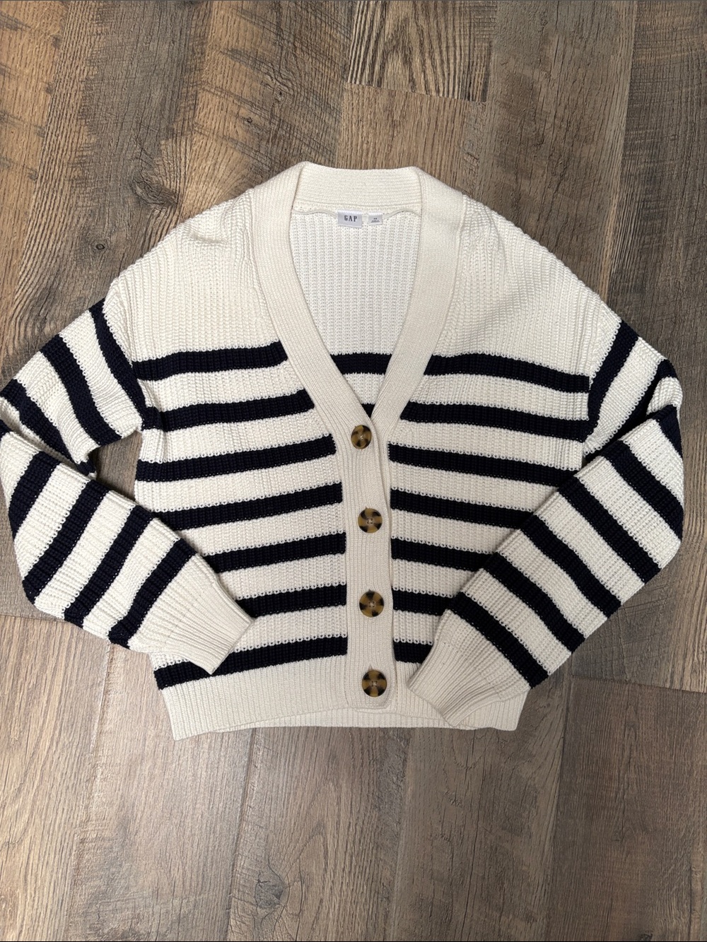 GAP Cream and navy Striped Button-Up V-Neck Cardigan